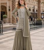 Mehendi faux georgette semi stitched suit with embroidery cotton thread & sequence work