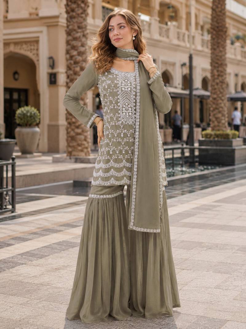 Mehendi faux georgette semi stitched suit with embroidery cotton thread & sequence work
