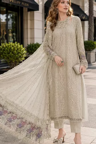 Cream fox georgette semi stitched suit with embroidered sequence work