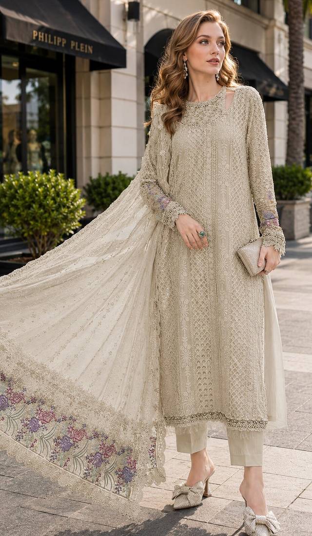 Cream fox georgette semi stitched suit with embroidered sequence work