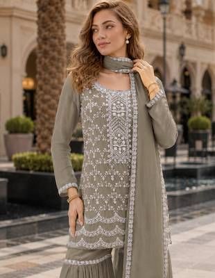 Mehendi faux georgette suit with embroidery cotton thread & sequin work 2