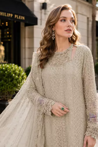 Cream fox georgette semi stitched suit with embroidered sequence work