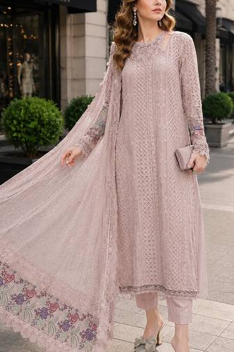 Peach fox georgette semi stitched suit with embroidered sequence work