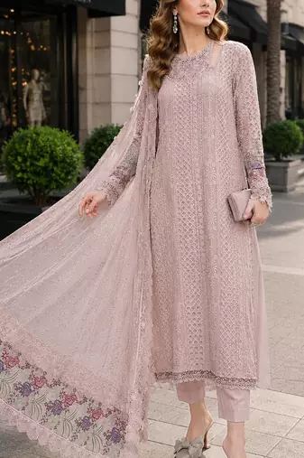 Peach fox georgette semi stitched suit with embroidered sequence work