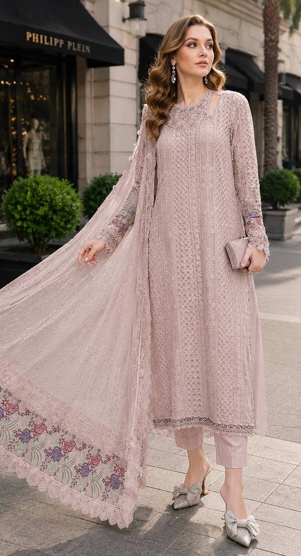 Peach fox georgette semi stitched suit with embroidered sequence work