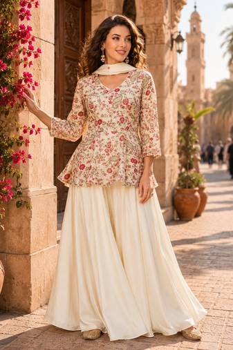 Cream chinon embroidered with squence work free size salwar suit