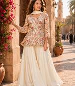 Cream chinon embroidered with squence work free size salwar suit