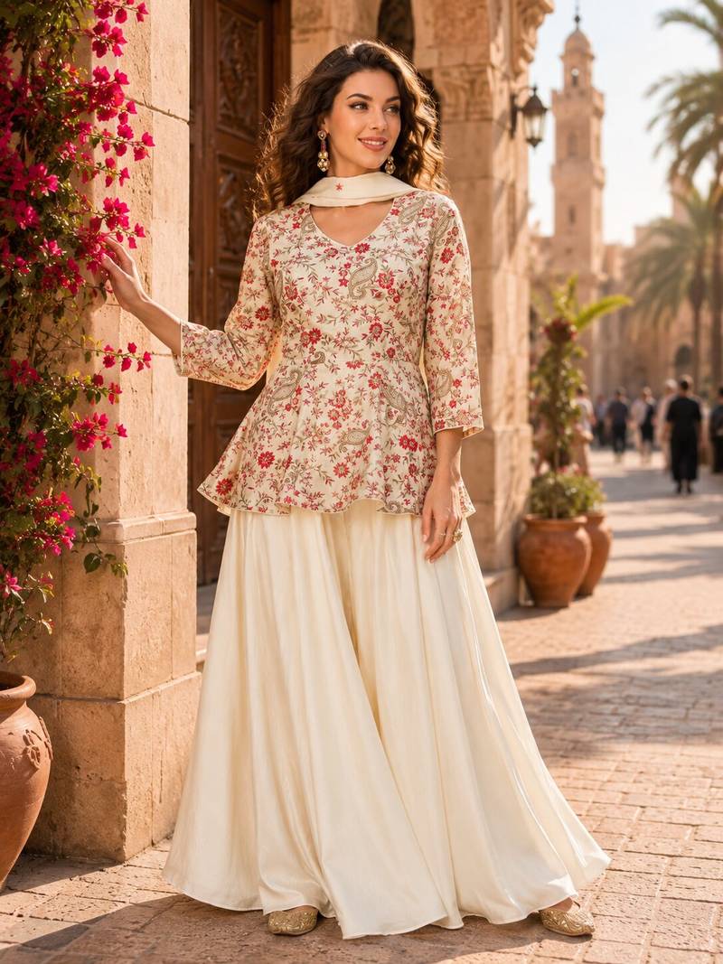 Cream chinon embroidered with squence work free size salwar suit