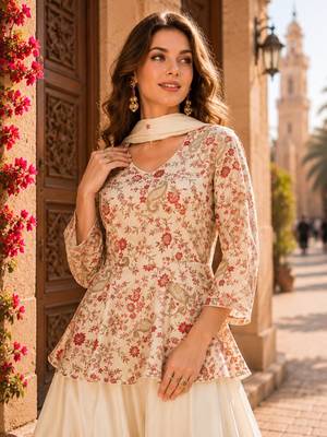 Cream chinon embroidered with squence work free size salwar suit 2