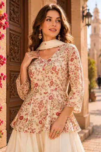 Cream chinon embroidered with squence work free size salwar suit