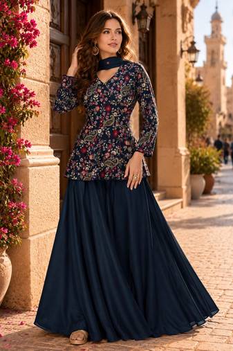 Blue chinon embroidered with squence work free size salwar suit