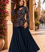 Blue chinon embroidered with squence work free size salwar suit