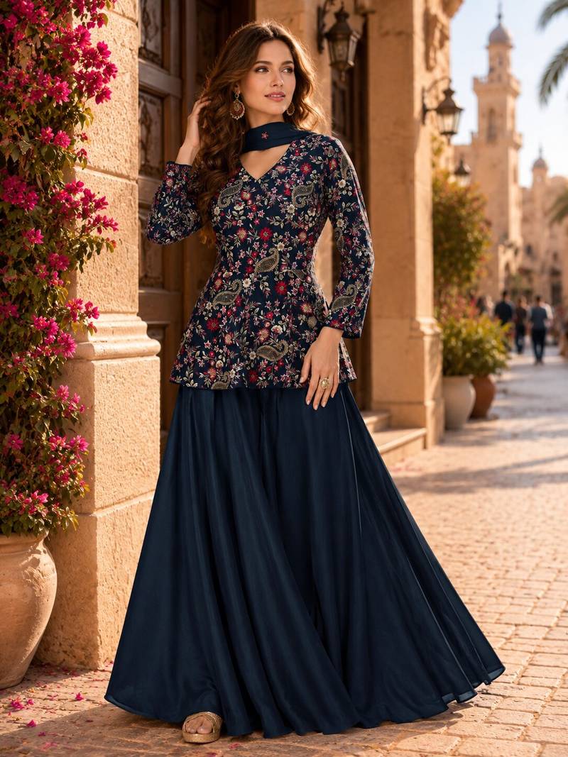 Blue chinon embroidered with squence work free size salwar suit