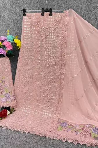 Peach fox georgette semi stitched suit with embroidered sequence work