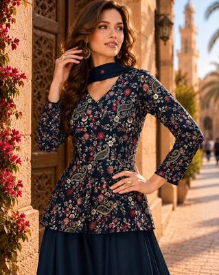 Blue chinon embroidered with squence work free size salwar suit 2