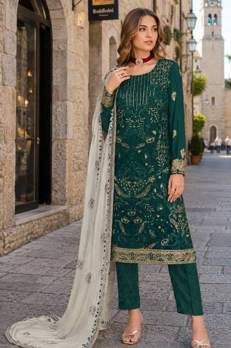 Teal green embroidered faux georgette semi stitched salwar suit