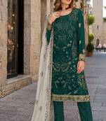 Teal green embroidered faux georgette semi stitched salwar suit