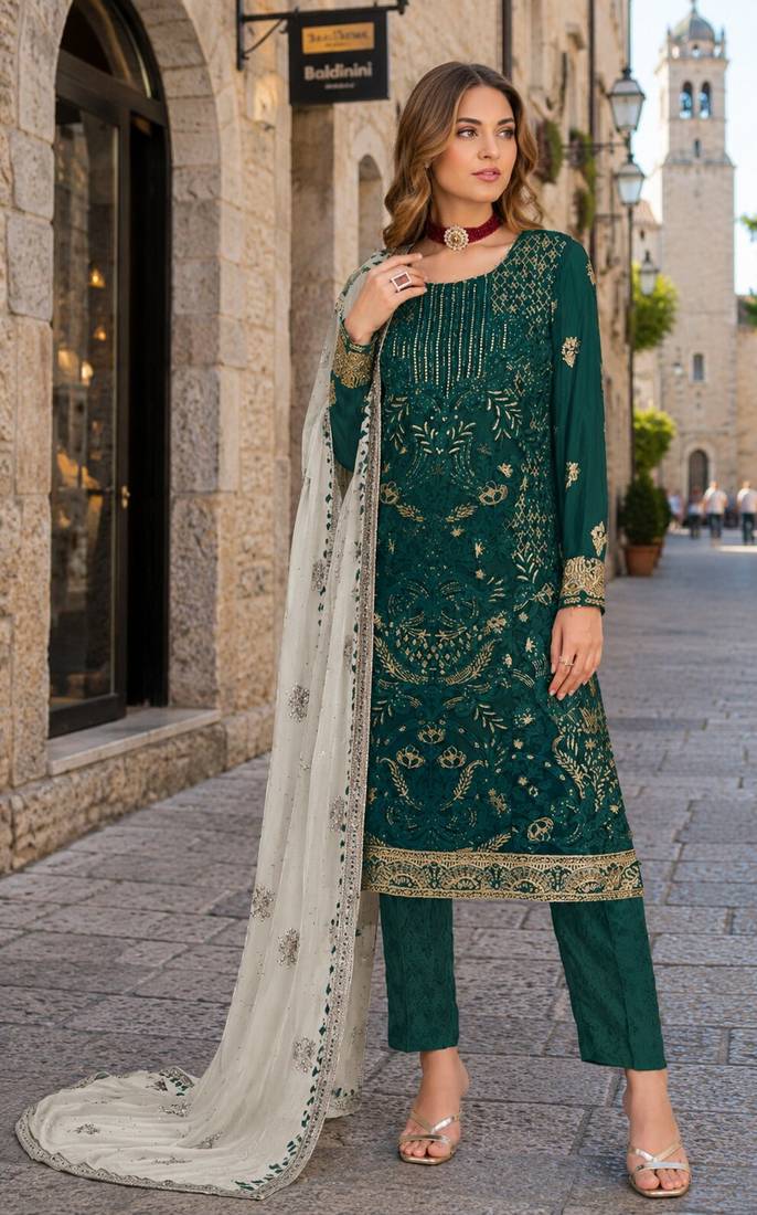 Teal green embroidered faux georgette semi stitched salwar suit