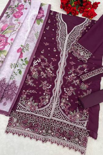 Purple slub cotton semi stitched suit with embroidered mutlri work