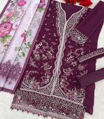 Purple slub cotton semi stitched suit with embroidered mutlri work