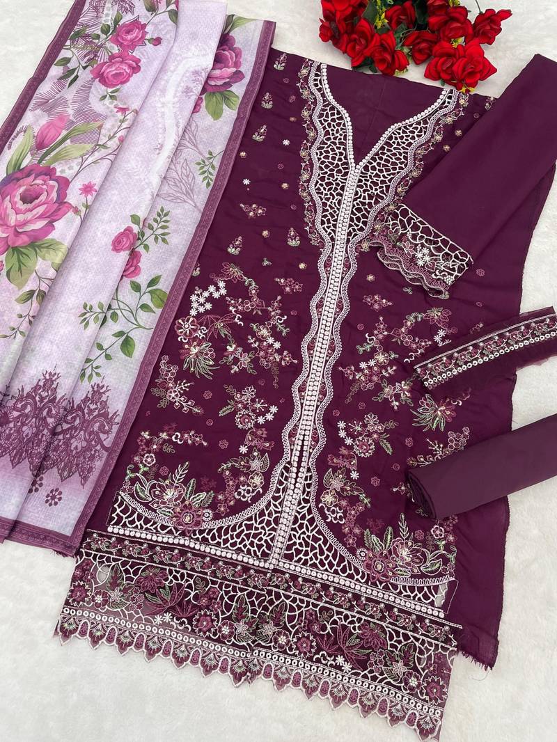 Purple slub cotton semi stitched suit with embroidered mutlri work