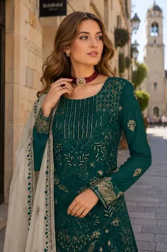 Teal green embroidered faux georgette semi stitched salwar suit