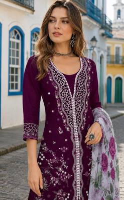 Purple slub cotton suit with embroidered mutlri work 2