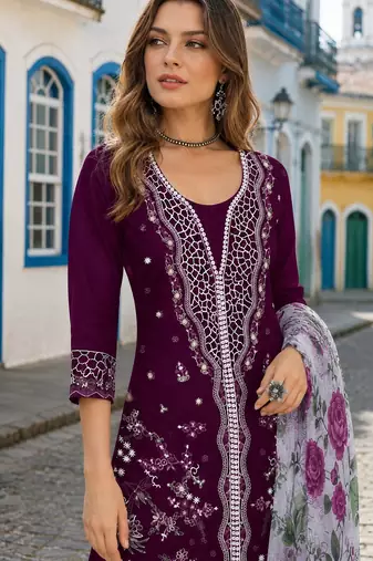 Purple slub cotton semi stitched suit with embroidered mutlri work