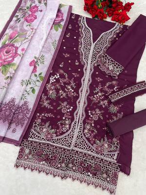 Purple slub cotton suit with embroidered mutlri work 3