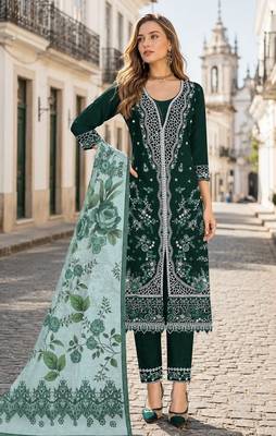 D green slub cotton suit with embroidered mutlri work 1