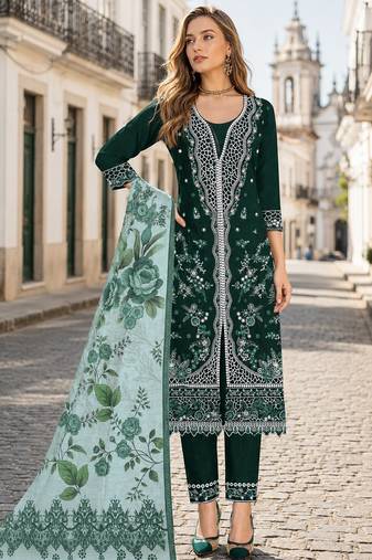 D green slub cotton semi stitched suit with embroidered mutlri work
