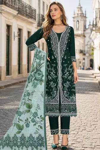 D green slub cotton semi stitched suit with embroidered mutlri work