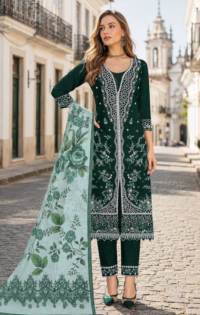 D green slub cotton semi stitched suit with embroidered mutlri work