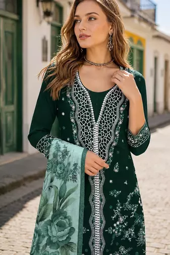 D green slub cotton semi stitched suit with embroidered mutlri work