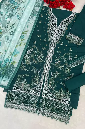 D green slub cotton semi stitched suit with embroidered mutlri work