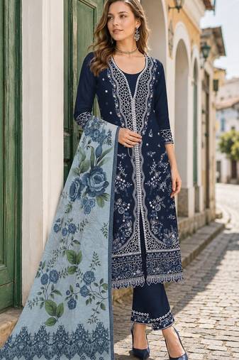 Navy slub cotton semi stitched suit with embroidered mutlri work
