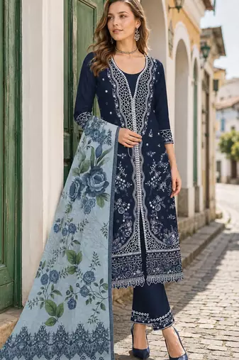 Navy slub cotton semi stitched suit with embroidered mutlri work