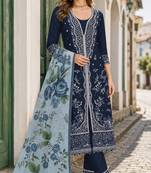 Navy slub cotton semi stitched suit with embroidered mutlri work
