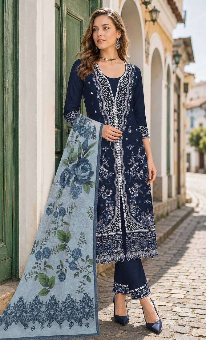 Navy slub cotton semi stitched suit with embroidered mutlri work