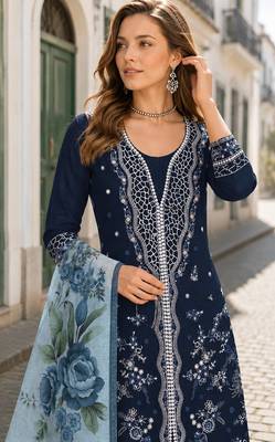 Navy slub cotton suit with embroidered mutlri work 2