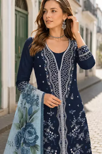 Navy slub cotton semi stitched suit with embroidered mutlri work