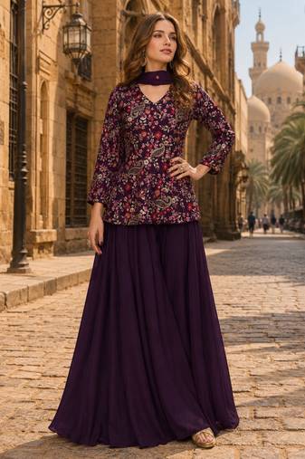 Purpul chinon embroidered with squence work free size salwar suit