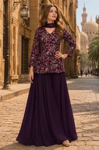 Purpul chinon embroidered with squence work free size salwar suit