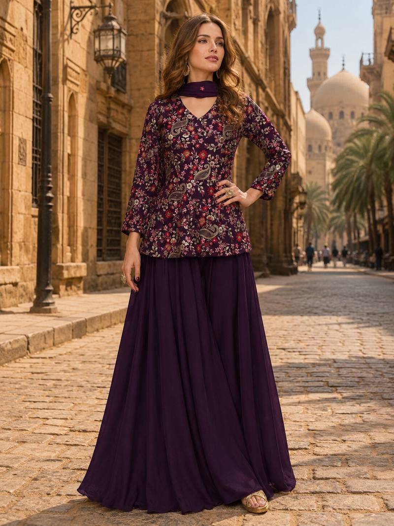 Purpul chinon embroidered with squence work free size salwar suit