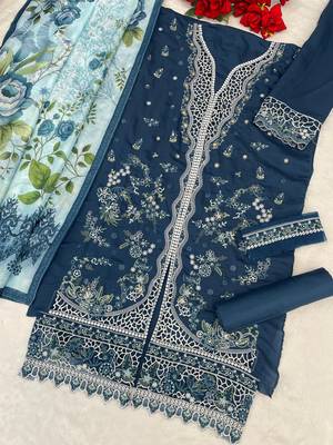 Navy slub cotton suit with embroidered mutlri work 3