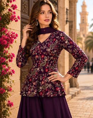 Purpul chinon embroidered with squence work free size salwar suit 2