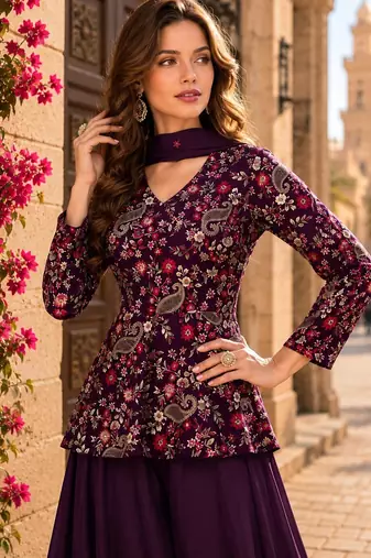 Purpul chinon embroidered with squence work free size salwar suit