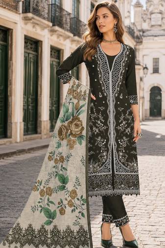 Mehendi slub cotton semi stitched suit with embroidered mutlri work