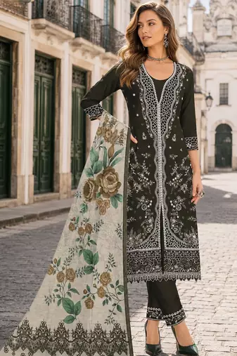 Mehendi slub cotton semi stitched suit with embroidered mutlri work