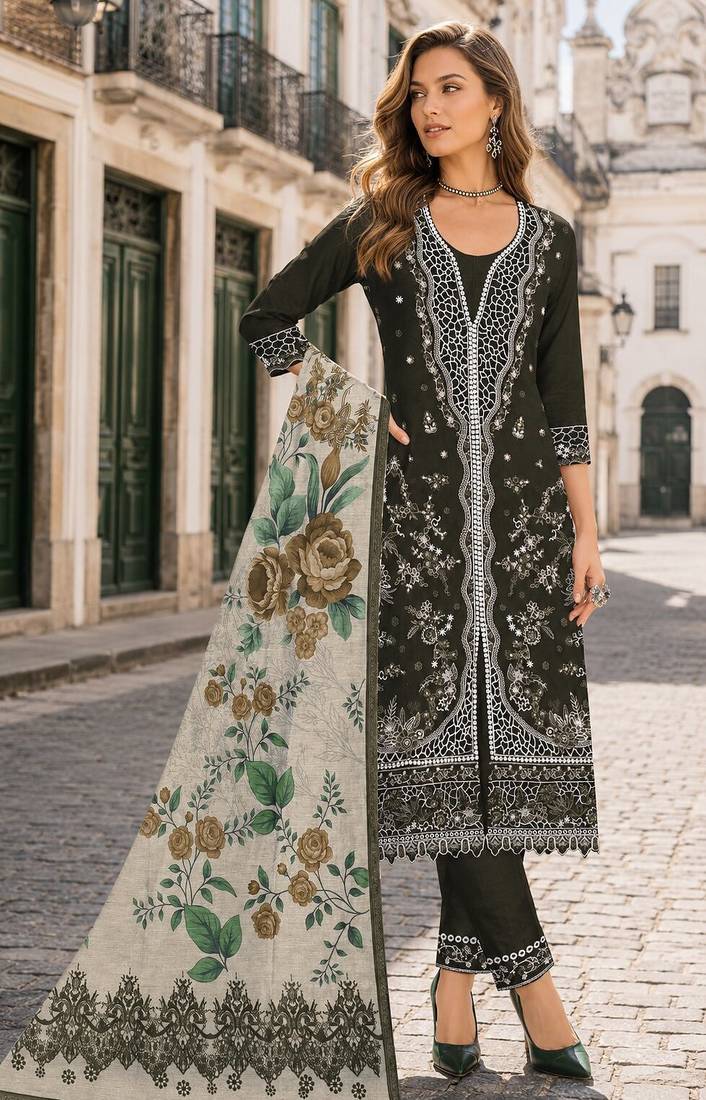 Mehendi slub cotton semi stitched suit with embroidered mutlri work